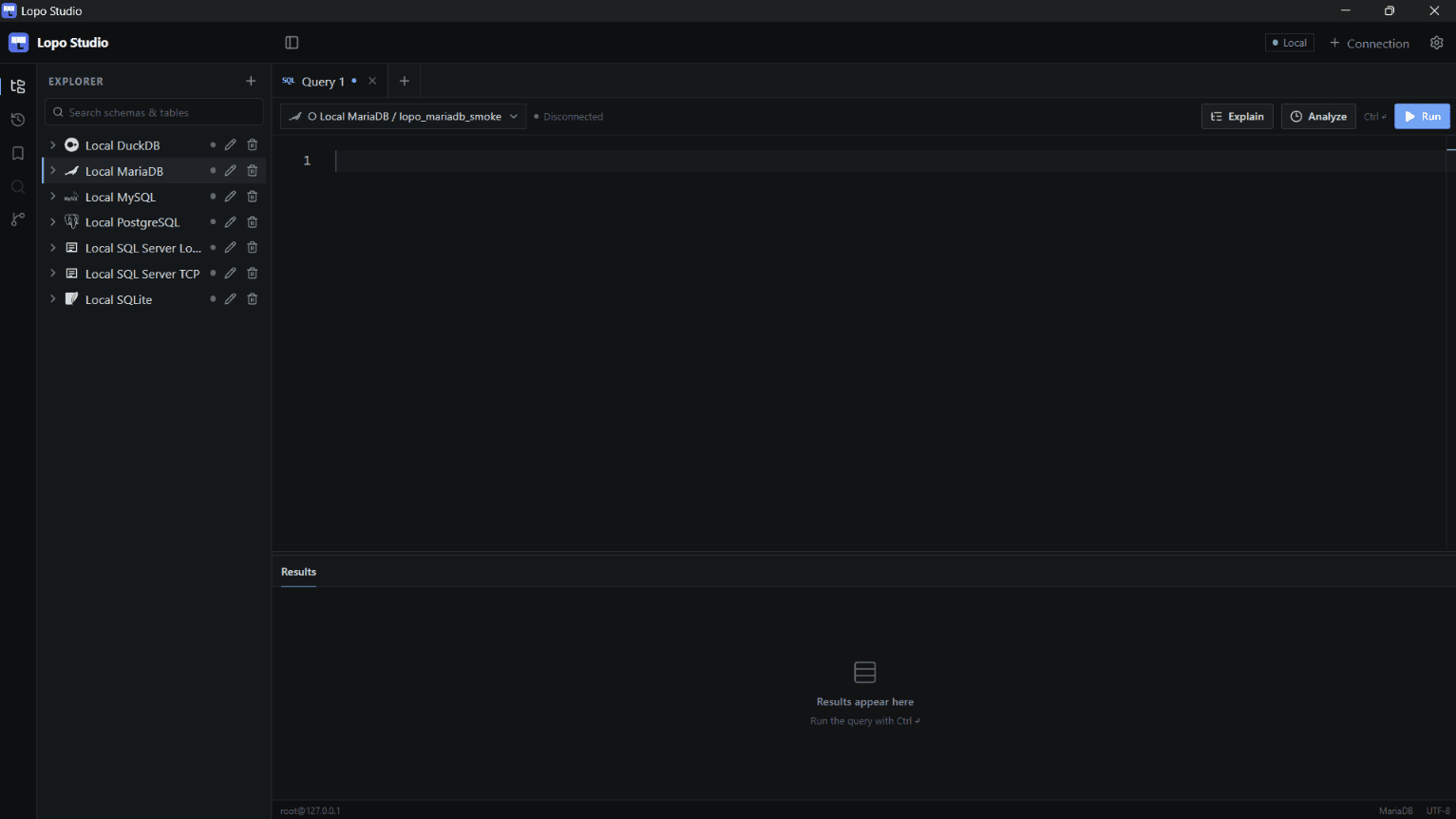Lopo Studio desktop application interface showing connection explorer, SQL query editor, and results panel